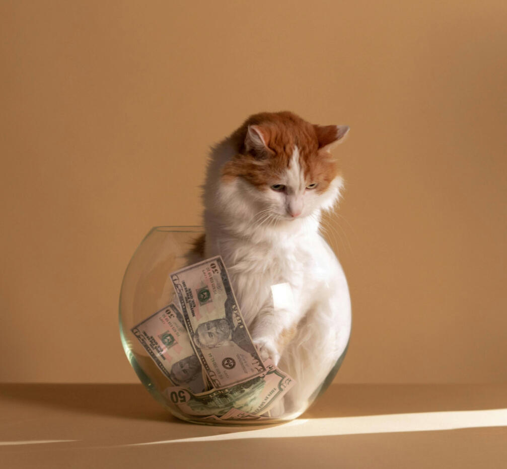 Please consider contributing to our startup fluffy cat sitting in large fishbowl with fifty dollar bills inside. Pexels-cottonbro studios