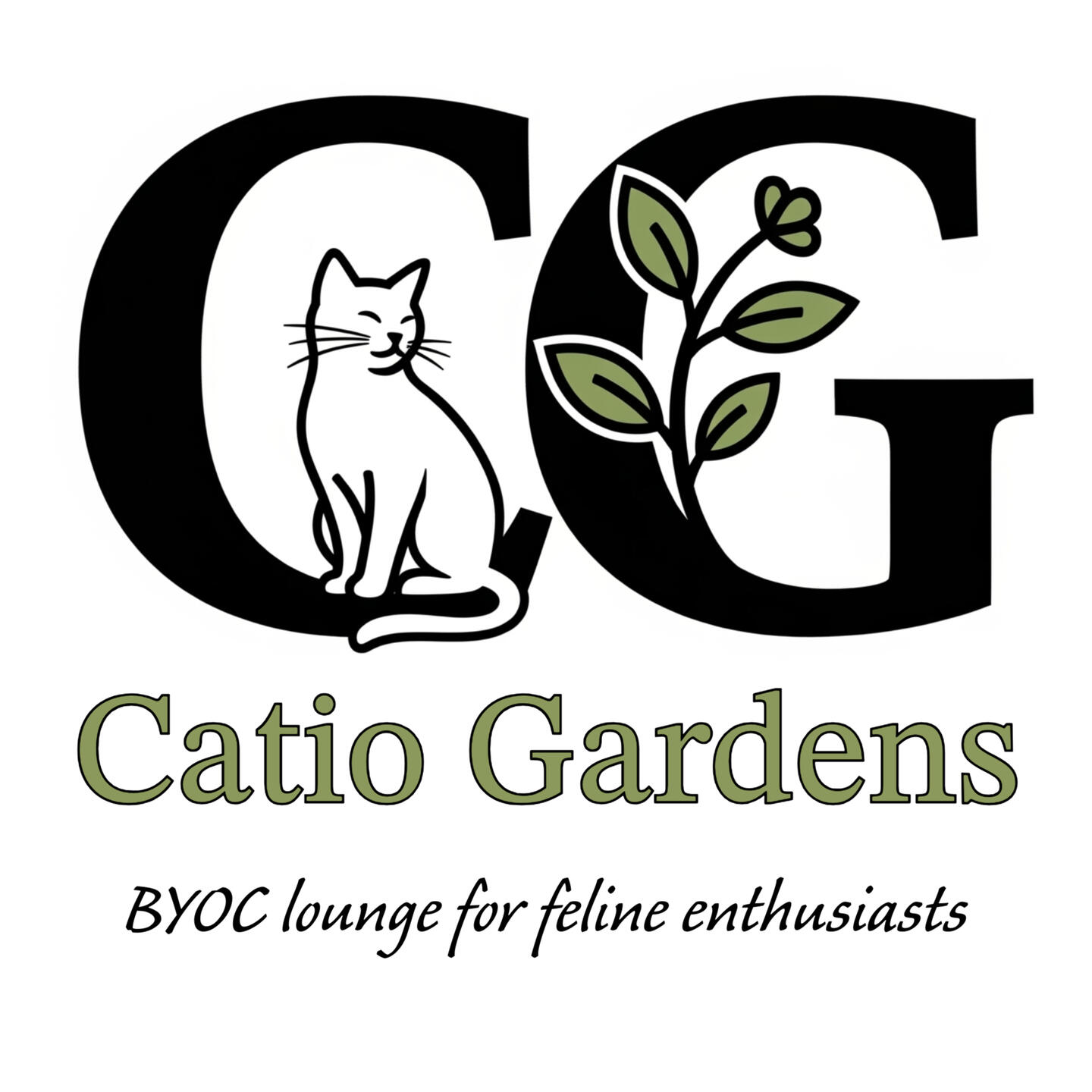 catio gardens logo-Letter 'C' with cat silhoutte sitting inside, letter 'G' with leafy plant growing from inside